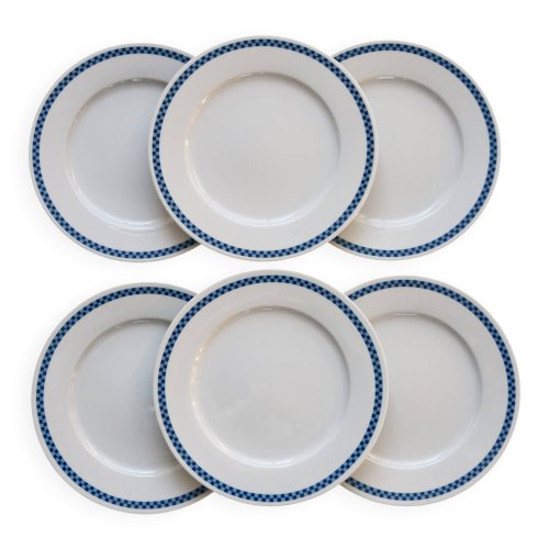 6 assiettes Lustucru vintage en porcelaine motif damier bleu