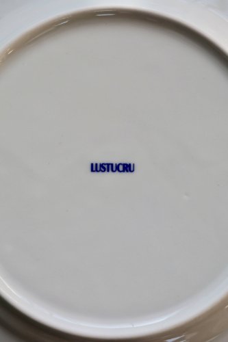 6 assiettes Lustucru vintage en porcelaine motif damier bleu