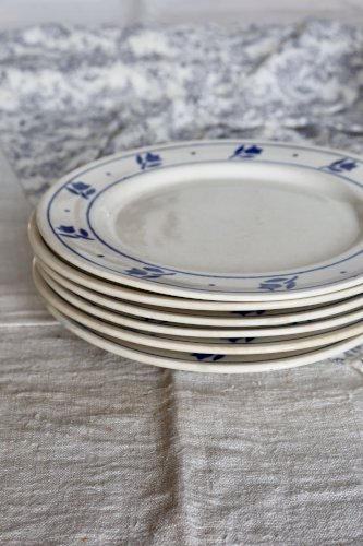 6 assiettes plates anciennes en faïence à décor de tulipes bleues