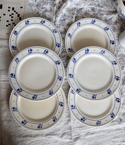 6 assiettes plates anciennes en faïence à décor de tulipes bleues