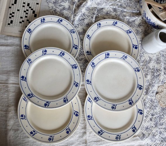 6 assiettes plates anciennes en faïence à décor de tulipes bleues