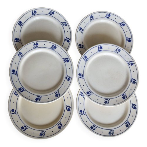 6 assiettes plates anciennes en faïence à décor de tulipes bleues