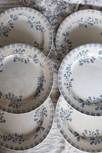 6 assiettes plates anciennes terre de fer ivoire et bleue - Manufacture de