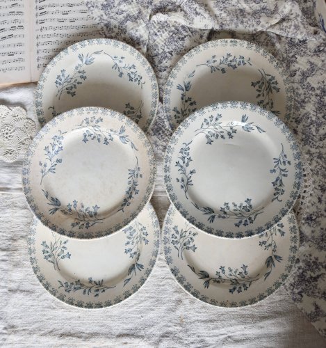 6 assiettes plates anciennes terre de fer ivoire et bleue - Manufacture de