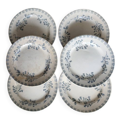 6 assiettes plates anciennes terre de fer ivoire et bleue - Manufacture de