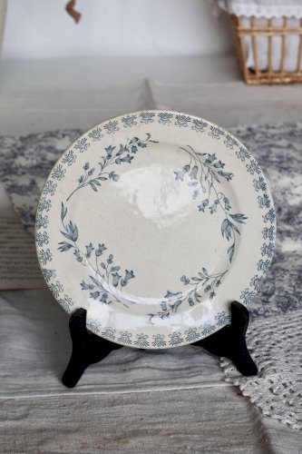 6 assiettes plates anciennes terre de fer ivoire et bleue - Manufacture de