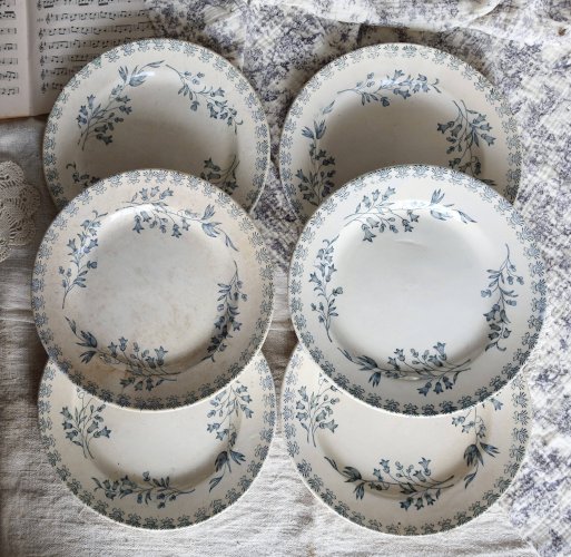 6 assiettes plates anciennes terre de fer ivoire et bleue - Manufacture de