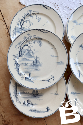 6 assiettes plates antiques Gien modèle Marines 1875