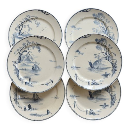 6 assiettes plates antiques Gien modèle Marines 1875