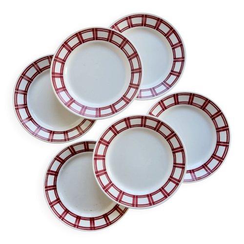 6 assiettes plates Badonviller terre de fer décor rouge géométrique