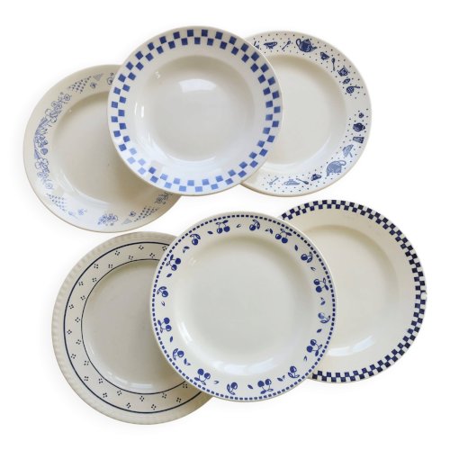 6 assiettes plates dépareillées vintage faïence bleue et blanche – Lot Marl