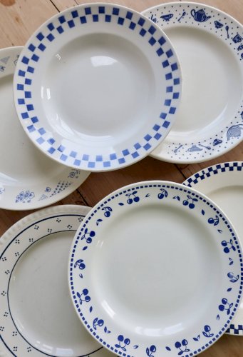 6 assiettes plates dépareillées vintage faïence bleue et blanche – Lot Marl