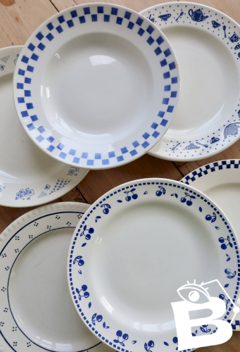 6 assiettes plates dépareillées vintage faïence bleue et blanche – Lot Marl