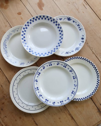 6 assiettes plates dépareillées vintage faïence bleue et blanche – Lot Marl