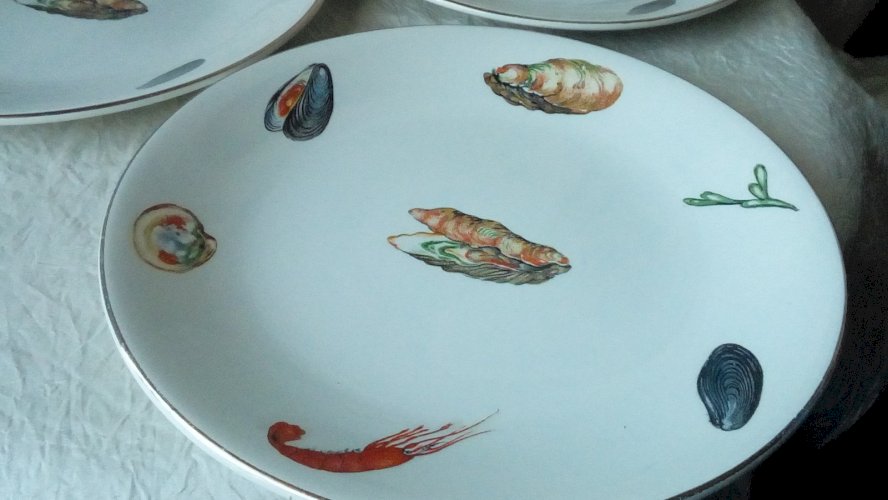 6 ASSIETTES PLATES EN FAIENCE DE DIGOIN MODELE NEPTUNE DECOR CRUSTACÉS **