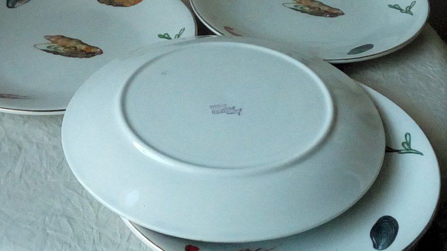6 ASSIETTES PLATES EN FAIENCE DE DIGOIN MODELE NEPTUNE DECOR CRUSTACÉS **