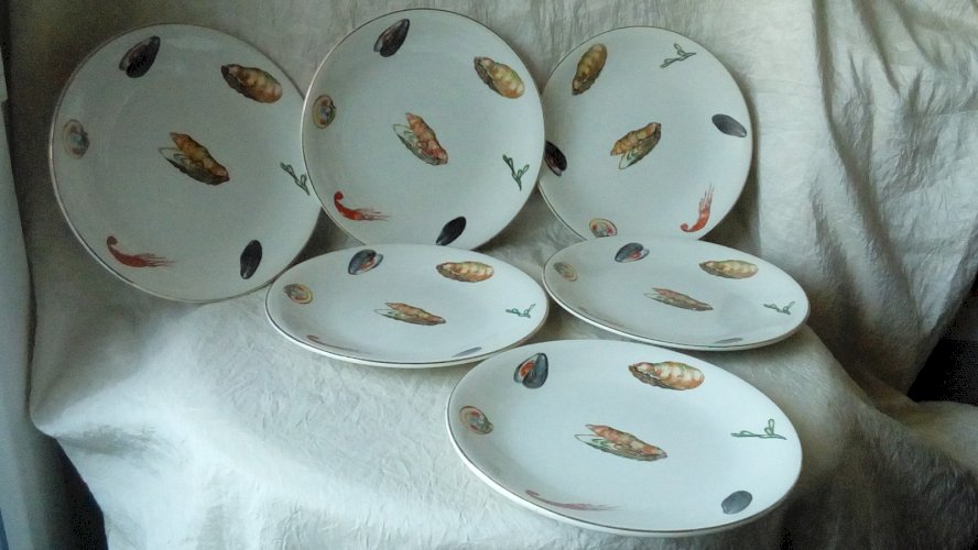 6 ASSIETTES PLATES EN FAIENCE DE DIGOIN MODELE NEPTUNE DECOR CRUSTACÉS **