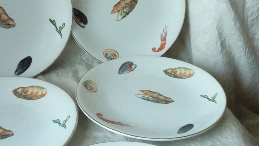6 ASSIETTES PLATES EN FAIENCE DE DIGOIN MODELE NEPTUNE DECOR CRUSTACÉS **