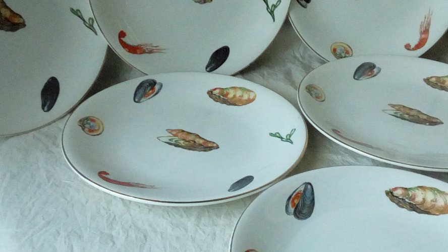 6 ASSIETTES PLATES EN FAIENCE DE DIGOIN MODELE NEPTUNE DECOR CRUSTACÉS **