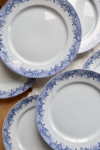 6 assiettes plates faïence anciennes Sarreguemines U&C modèle Mimosa bleu