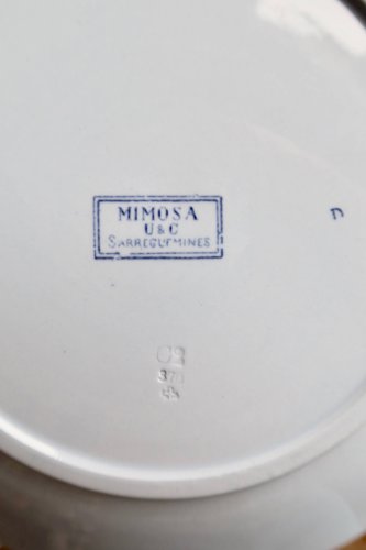 6 assiettes plates faïence anciennes Sarreguemines U&C modèle Mimosa bleu