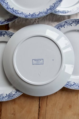 6 assiettes plates faïence anciennes Sarreguemines U&C modèle Mimosa bleu