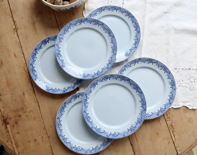 6 assiettes plates faïence anciennes Sarreguemines U&C modèle Mimosa bleu