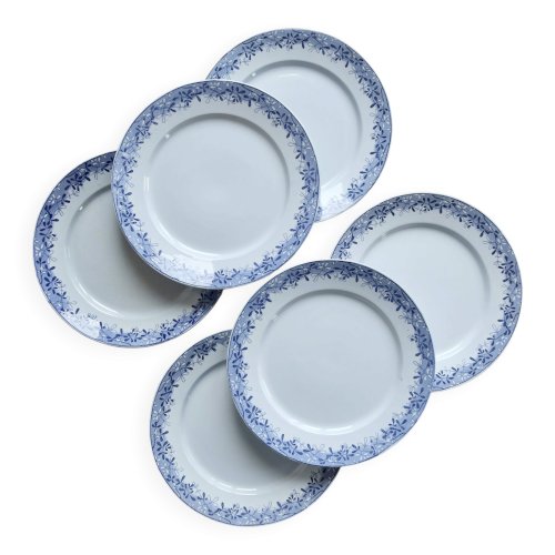 6 assiettes plates faïence anciennes Sarreguemines U&C modèle Mimosa bleu