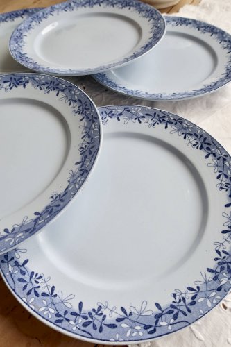 6 assiettes plates faïence anciennes Sarreguemines U&C modèle Mimosa bleu