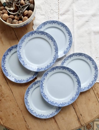 6 assiettes plates faïence anciennes Sarreguemines U&C modèle Mimosa bleu