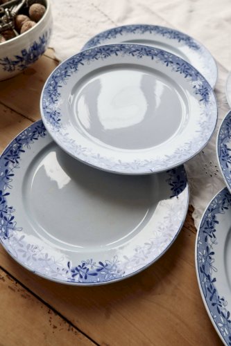 6 assiettes plates faïence anciennes Sarreguemines U&C modèle Mimosa bleu
