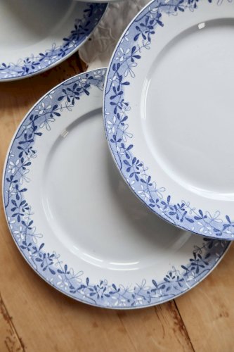 6 assiettes plates faïence anciennes Sarreguemines U&C modèle Mimosa bleu