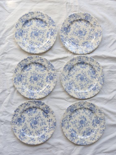 6 assiettes plates faïence vintage décor fleuri bleu romantique