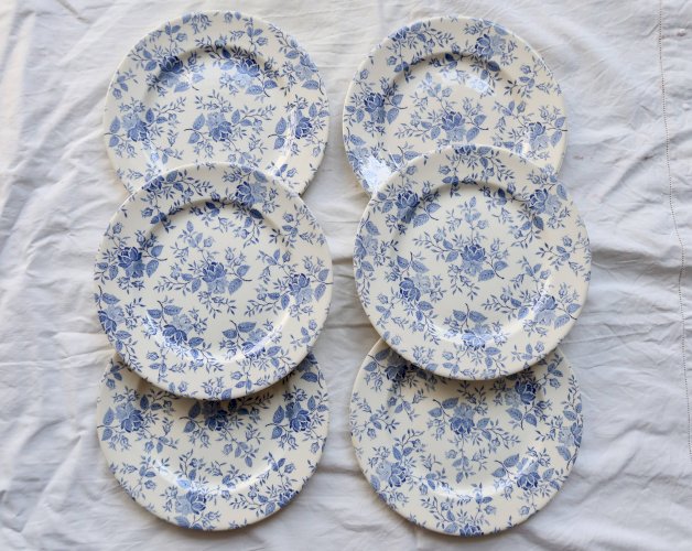 6 assiettes plates faïence vintage décor fleuri bleu romantique