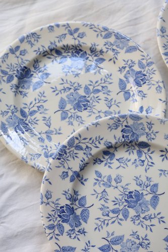 6 assiettes plates faïence vintage décor fleuri bleu romantique