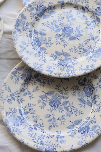 6 assiettes plates faïence vintage décor fleuri bleu romantique