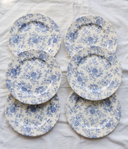 6 assiettes plates faïence vintage décor fleuri bleu romantique