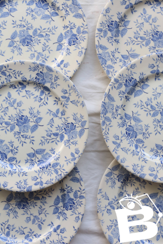 6 assiettes plates faïence vintage décor fleuri bleu romantique