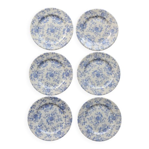 6 assiettes plates faïence vintage décor fleuri bleu romantique