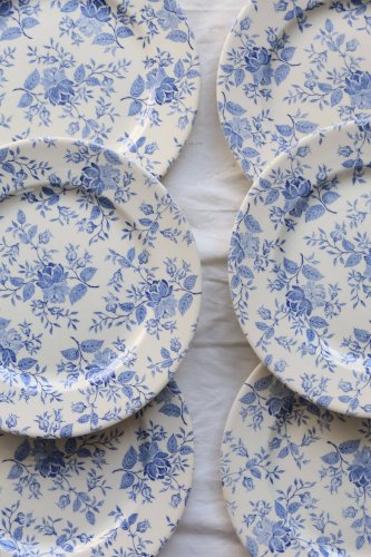 6 assiettes plates faïence vintage décor fleuri bleu romantique