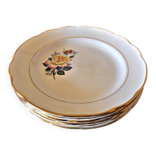 6 assiettes plates Gien Gardanne, roses couleur jaune, liserés dorés