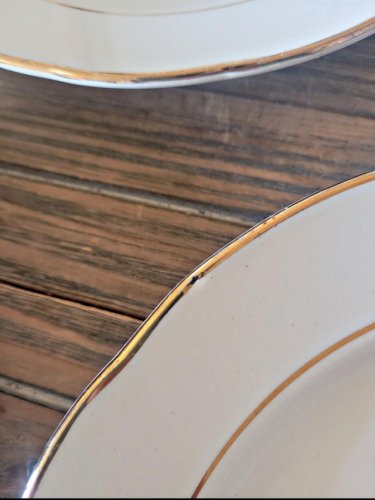 6 assiettes plates Gien Gardanne, roses couleur jaune, liserés dorés