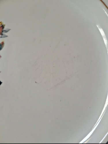 6 assiettes plates Gien Gardanne, roses couleur jaune, liserés dorés