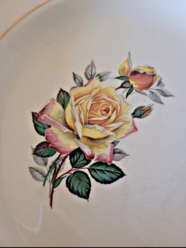 6 assiettes plates Gien Gardanne, roses couleur jaune, liserés dorés