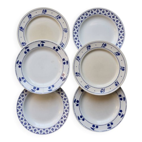 6 assiettes plates vintage dépareillées porcelaine bleue et blanche