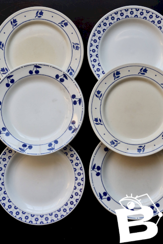 6 assiettes plates vintage dépareillées porcelaine bleue et blanche