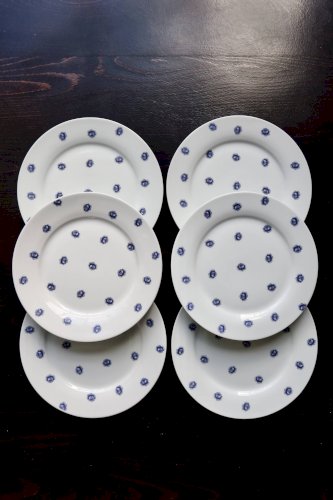 6 assiettes plates vintage en porcelaine blanche à roses bleues