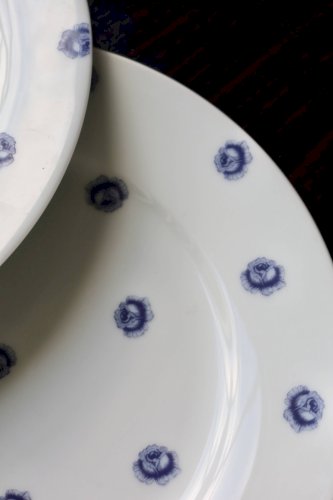 6 assiettes plates vintage en porcelaine blanche à roses bleues