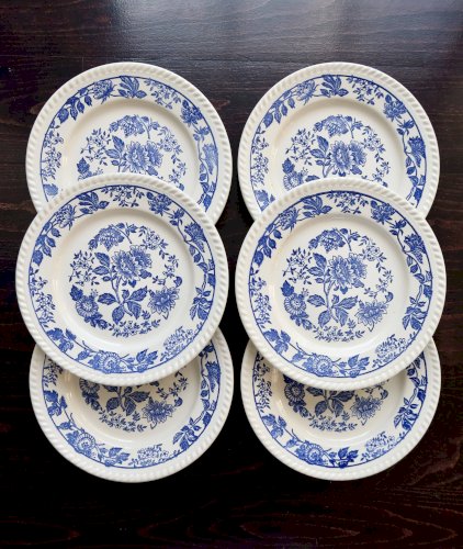 6 assiettes plates vintage en porcelaine blanche motif fleuri bleu