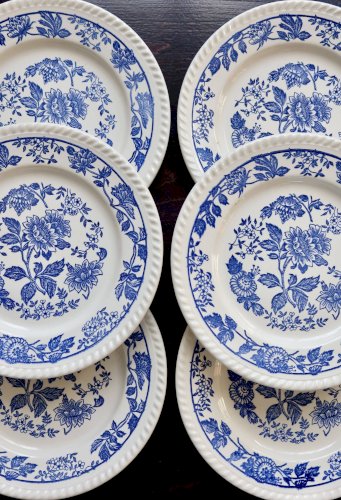6 assiettes plates vintage en porcelaine blanche motif fleuri bleu